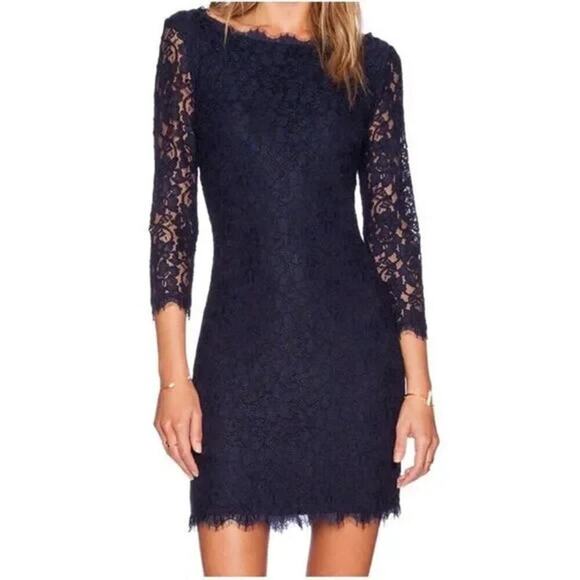 Diane Von Furstenberg Dresses & Skirts - DIANE VON FURSTENBERG Zarita Dress Navy Blue Lace Size 2 Mini Sheath Cocktail